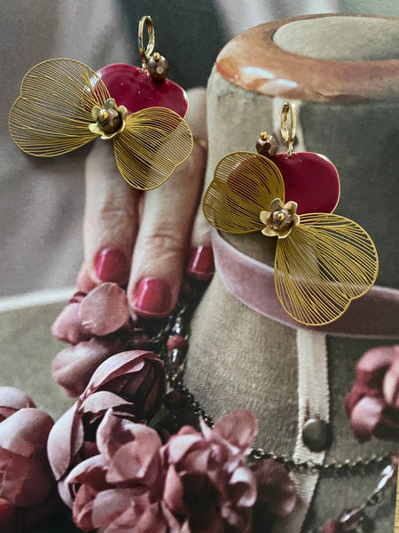 Orecchini ali, ovali burgundy e fiori dorati