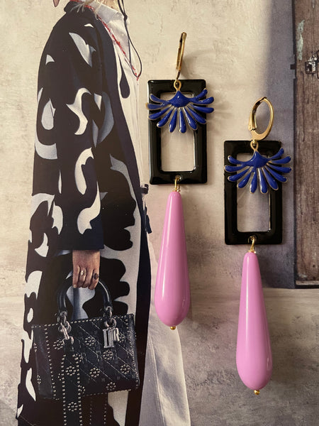 Orecchini goccia lunga resina, rettangolo nero e smalto a fontanella