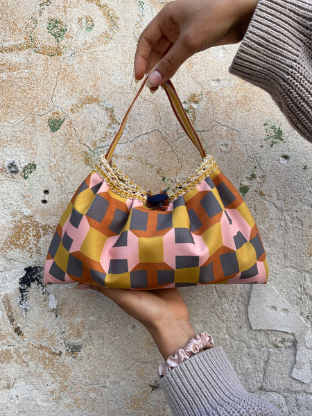 Borsa media in tessuto arancio rosa e ocra