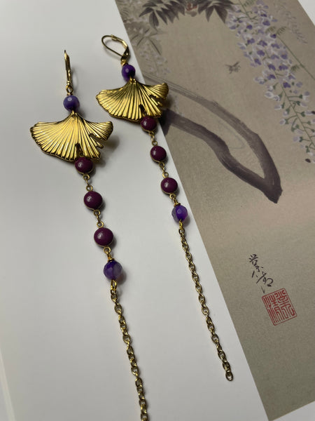 Orecchini ginko, smalti tondi e catenina