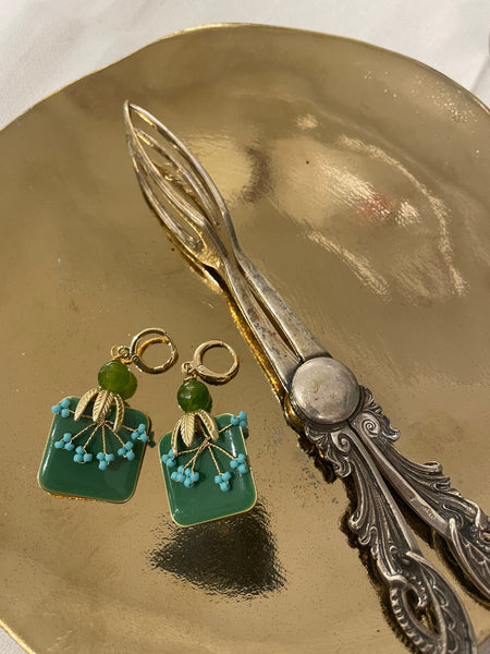 Orecchini smalto quadrato, germoglio e fiorellini