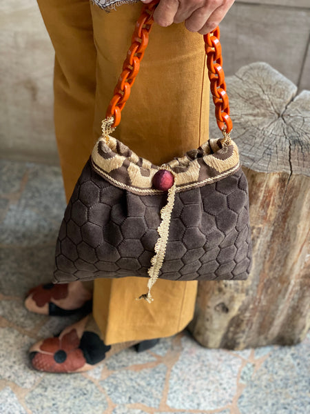 Borsa media in velluto geometrico marrone
