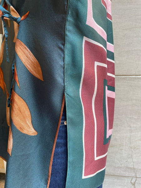 Top foulard incrociato verde, ottanio e rosa
