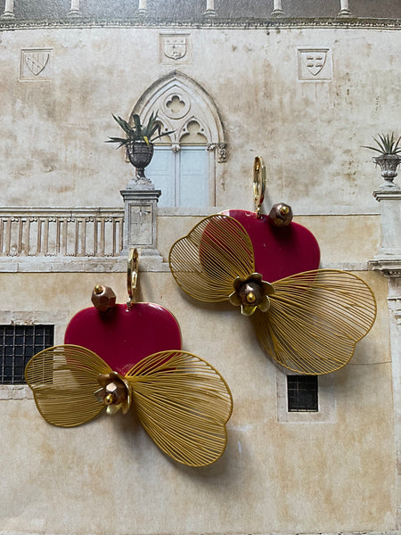 Orecchini ali, ovali burgundy e fiori dorati
