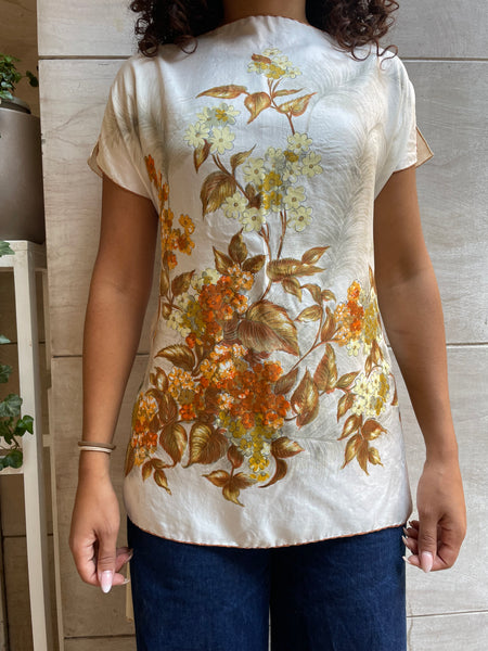 Top foulard fiori di campo beige