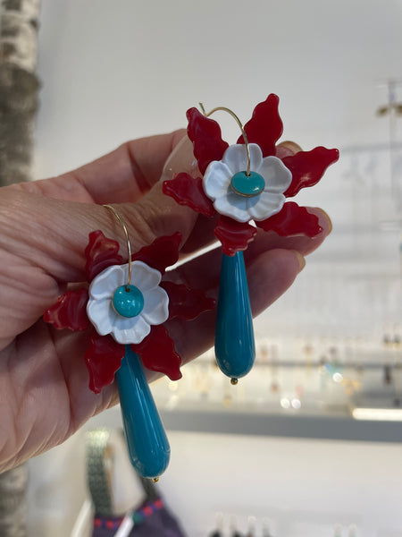 Orecchini fiore rosso e goccia turchese