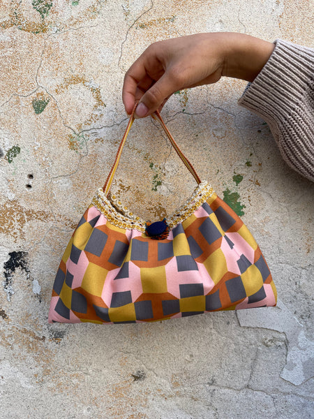 Borsa media in tessuto arancio rosa e ocra