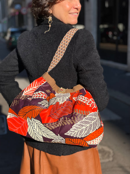 Borsa grande in tessuto rosso e viola