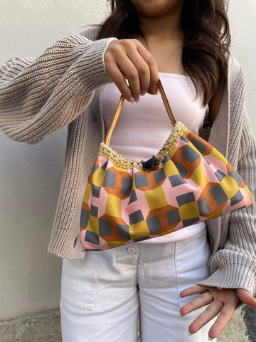 Borsa media in tessuto arancio rosa e ocra