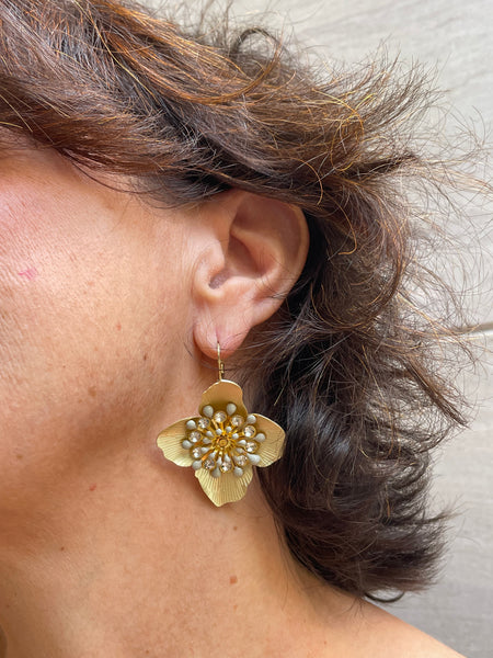 Orecchini grande fiore oro e strass