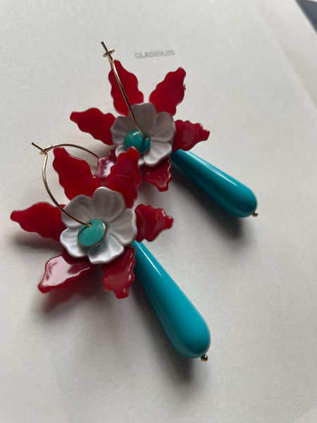 Orecchini fiore rosso e goccia turchese