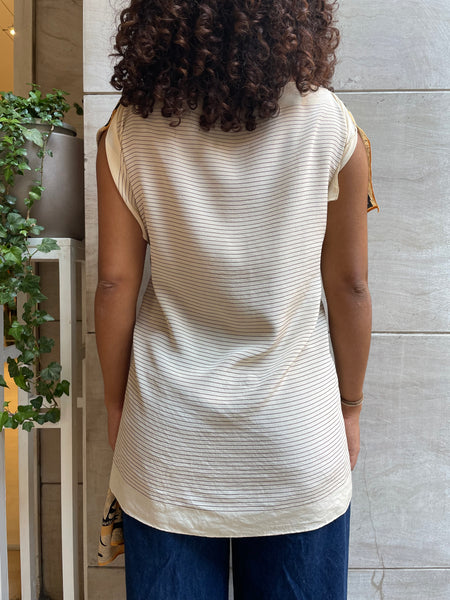 Top foulard beige a righe e fiori neri