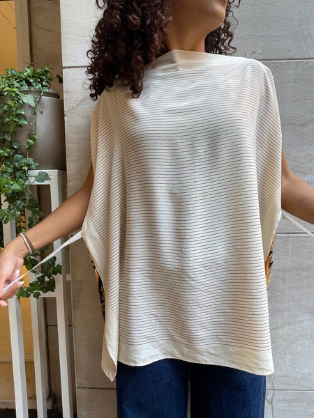 Top foulard beige a righe e fiori neri