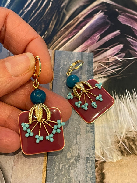 Orecchini smalto quadrato, germoglio e fiorellini