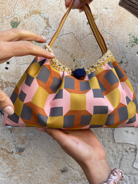 Borsa media in tessuto arancio rosa e ocra