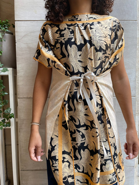 Top foulard beige a righe e fiori neri
