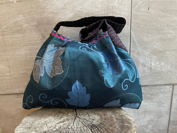 Borsa grande in tessuto blu con manico a cravatta