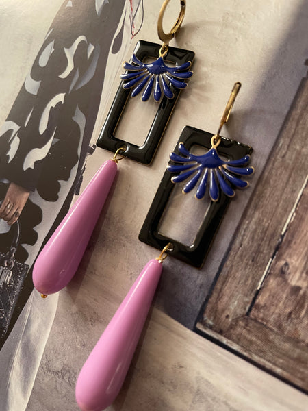 Orecchini goccia lunga resina, rettangolo nero e smalto a fontanella