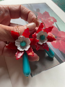 Orecchini fiore rosso e goccia turchese