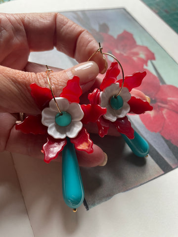 Orecchini fiore rosso e goccia turchese