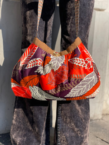 Borsa grande in tessuto rosso e viola