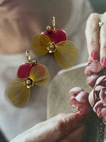 Orecchini ali, ovali burgundy e fiori dorati