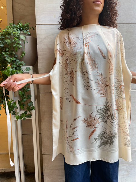 Top foulard fiori di campo beige