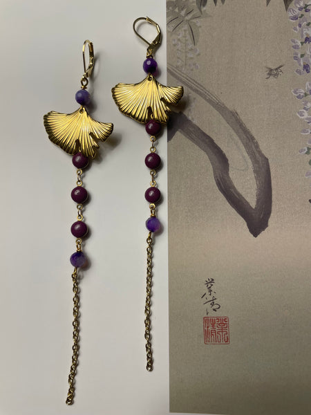 Orecchini ginko, smalti tondi e catenina