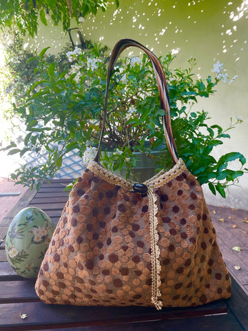 Borsa grande in velluto a pois marroni