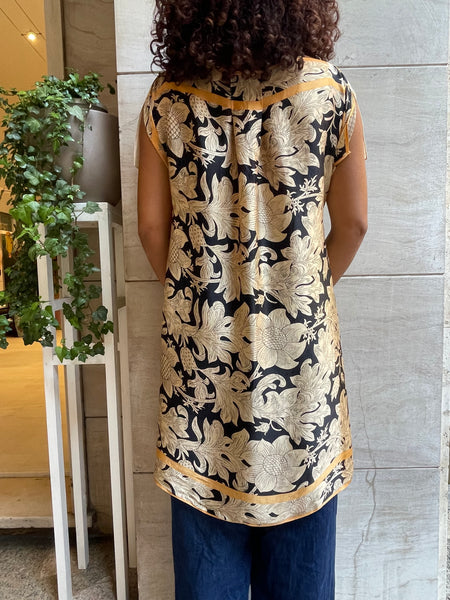 Top foulard beige a righe e fiori neri
