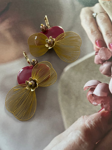 Orecchini ali, ovali burgundy e fiori dorati